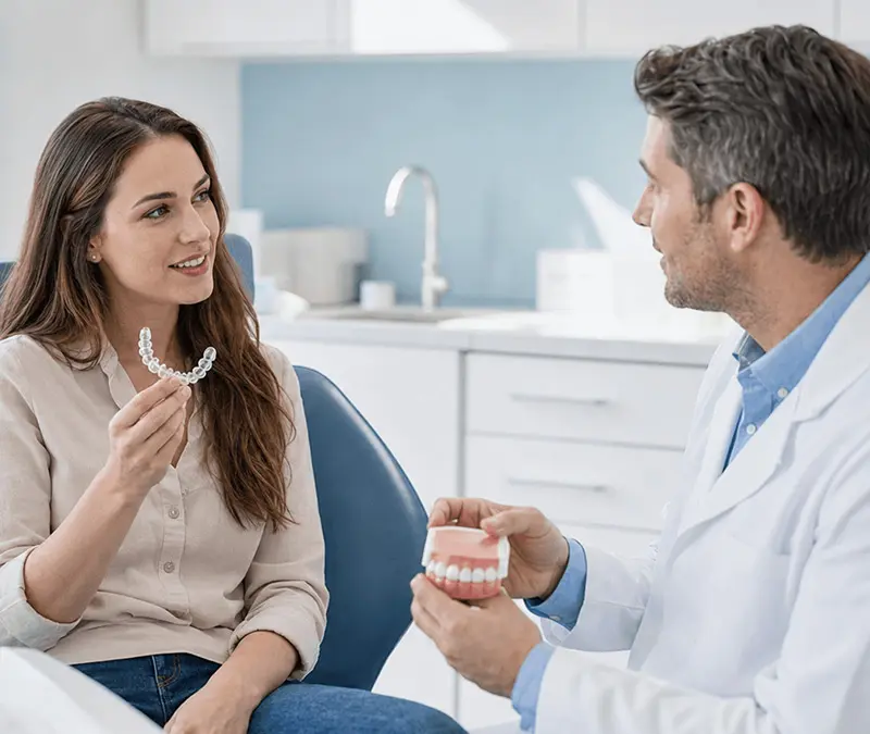 Patient holding clear aligners during a dental consultation.